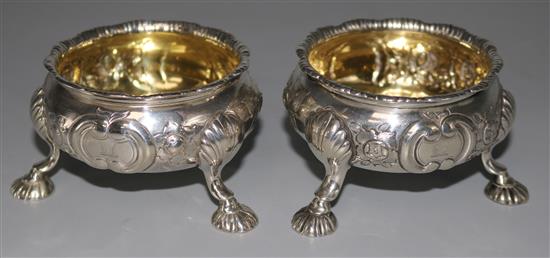 A pair of late George II silver bun salts by David Hennell I, 8.5 oz.
